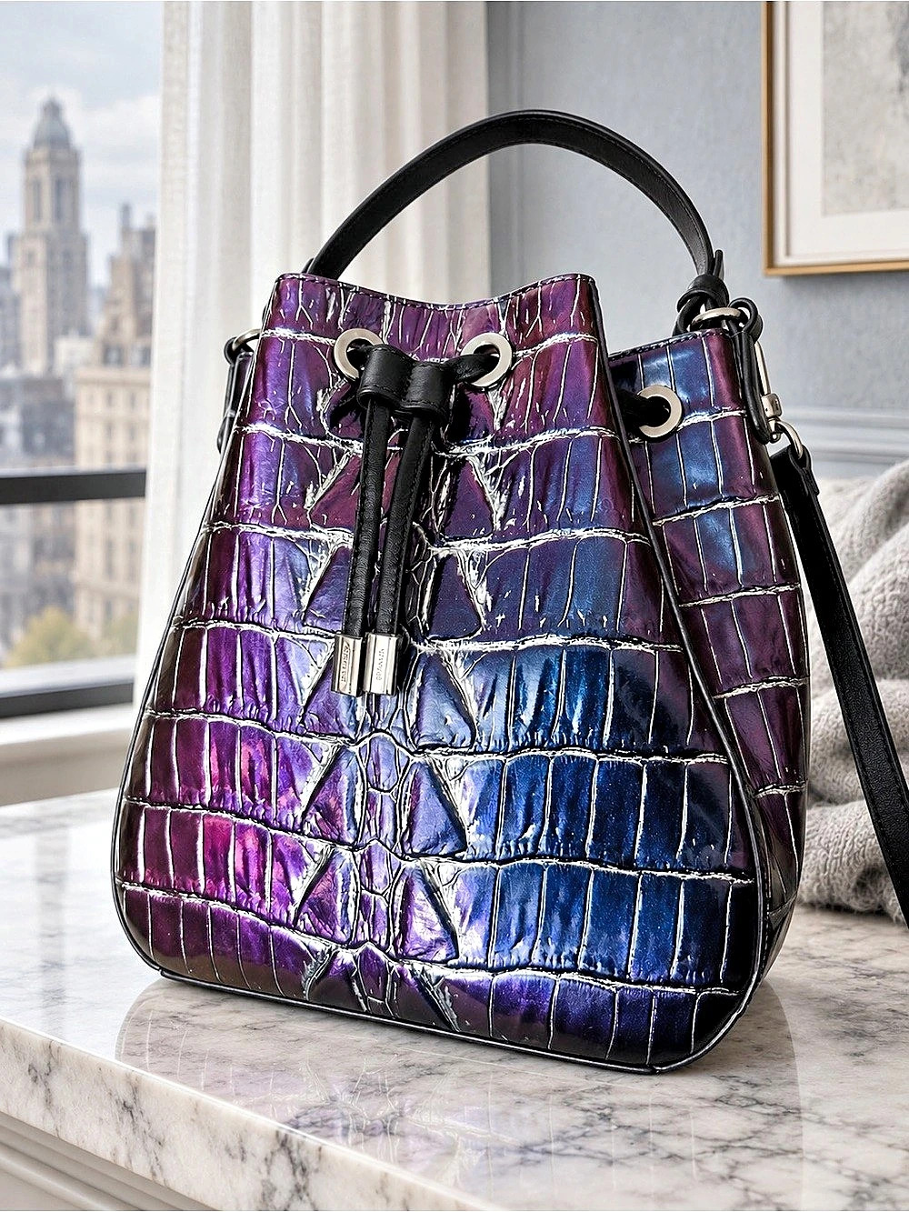 Brahmin Melinda Heroic Purple Kingstone Iridescent Leather Bucket & Crossbody